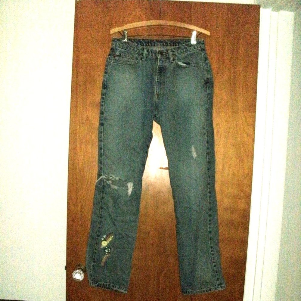 Lauren Ralph POLO JEANS RL Floral Embroidered Cotton Blue Denim Flora Jean sz 8